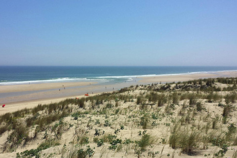 Udsigt over sandklitter og en lang sandstrand ved Holiday home «Le Porge» på en solrig dag i Frankrig.