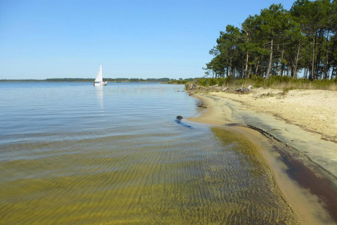 Plage paisible et forêt au Holiday home «Le Porge» en France, avec un voilier sur des eaux calmes.