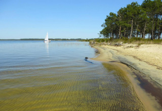 Rustig strand en bos aan Holiday home «Le Porge» in Frankrijk, met een zeilboot op het stille water.