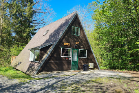 A-förmiges Holzhaus namens Chalet Nr. 186 im Grünen, umgeben von Bäumen bei sonnigem Himmel.