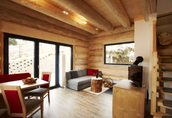 Vista interna dello chalet «Faltri» in Austria, arredato in stile moderno e illuminato da luce naturale.