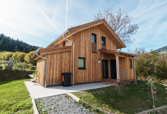 Holzchalet Kreischberg Chalets 29 mit moderner Architektur, umgeben von Natur und blauem Himmel im Grünen.
