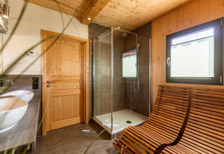 Modernes Badezimmer im Chalet mit Holzausstattung, Dusche, Fenster und zwei Waschbecken in Österreich