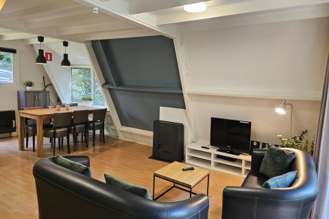 Wohnbereich im Chalet 'no 142' in Belgien mit Esstisch, Sofas, TV und großen Fenstern zur Natur.