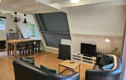 Wohnbereich im Chalet 'no 142' in Belgien mit Esstisch, Sofas, TV und großen Fenstern zur Natur.