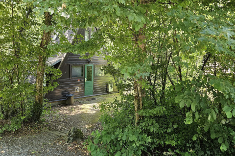 Fassade von Chalet Nr. 142 in Belgien, teils verborgen zwischen dichten, grünen Bäumen und Laub.
