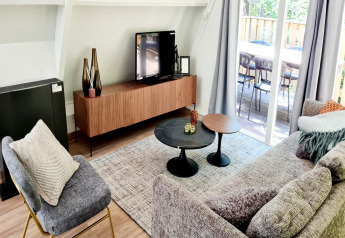 Modernes Wohnzimmer im Chalet Nr. 186 in Belgien mit Sofa, Sessel, TV, Tischen und Terrasse.