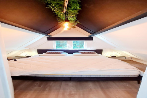 Modernes Schlafzimmer im Chalet no 186 in Belgien mit großem Bett, Schrägdach und hängendem Pflanzenlicht.
