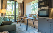 Interno di tiny house moderna con divano verde, tavolo da pranzo, finestrone e cucina compatta.