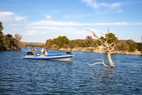 Una barca sul lago del villaggio turistico TAIGA Lake Caspe in Aragona, Spagna, accanto a un albero.
