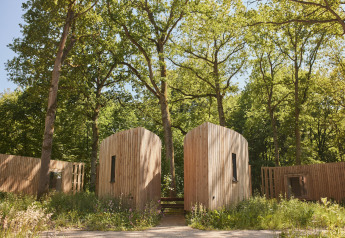 Moderne cabine in legno a The Blue Lodge di YourNature, immerse nel verde di una foresta soleggiata.
