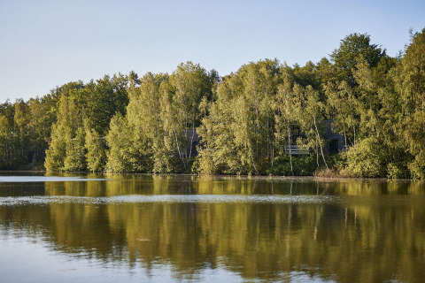 Vista sul lago verso The Blue Lodge by YourNature, una tiny house nascosta tra gli alberi in Belgio.