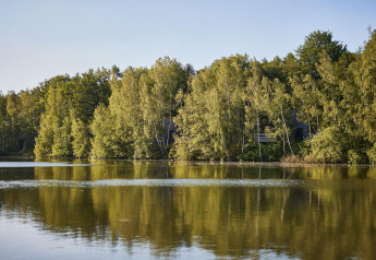 Vista sul lago verso The Blue Lodge by YourNature, una tiny house nascosta tra gli alberi in Belgio.