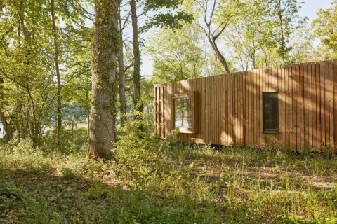 Piccola casa The Blue Lodge di YourNature, circondata da foresta in Belgio, vista esterna di giorno.