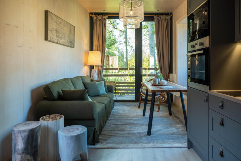 Accogliente tiny house moderna con divano verde, tavolo da pranzo e grande finestra vista bosco.