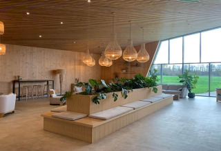 Zona lounge moderna al Blue Lodge by YourNature in Belgio, con legno, piante e ampie finestre luminose.