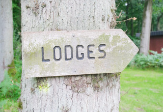 Cartello di legno con la scritta 'LODGES' presso The Blue Lodge by YourNature, Belgio, in mezzo al verde.