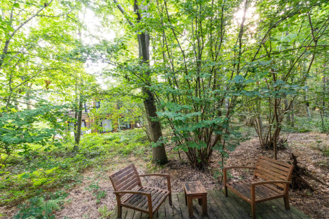 Houten terras met twee banken in een groene bosrijke omgeving bij The Cottage by YourNature, België.