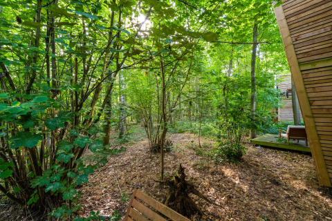 Gemütliches Glamping im Wald bei The Cottage by YourNature mit Terrasse und moderner Holzhütte.