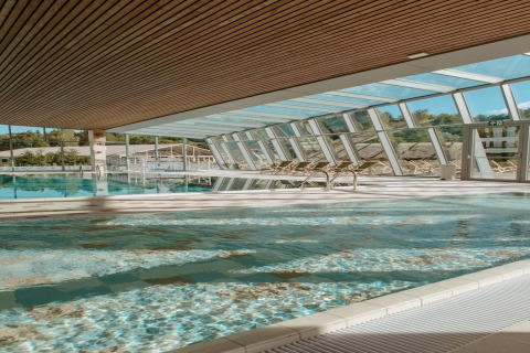 Indendørs swimmingpool med glasvægge og træloft på The Large Leaf by YourNature-lodge i Belgien.