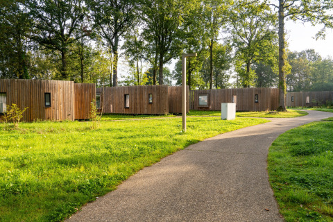 Sti med træbeklædte tiny houses ved The Lodge, YourNature, omgivet af grønne områder og høje træer.
