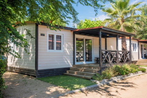 Modern mobiel huisje op Camping Solmar - XALET CONFORT met houten terras en palmbomen in de tuin.