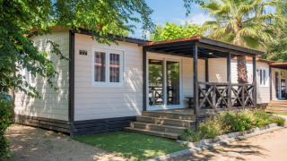 Modern mobiel huisje op Camping Solmar - XALET CONFORT met houten terras en palmbomen in de tuin.