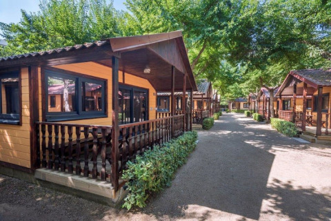 Rangée de chalets en bois avec vérandas entourés de verdure au Camping Solmar - XALET par temps ensoleillé.