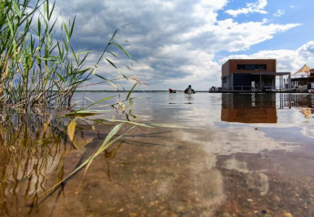 Low angle photo of reeds by the shore and houseboat at Gräbendorfer See in Germany under a cloudy sky.