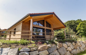 Chalet «Bungalow» in Germania, capanna di legno con tetto rosso, giardino, pietre e alberi attorno.