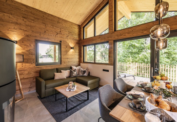 Interno luminoso dello Chalet 'Bungalow' in Germania con pareti in legno, grandi finestre e tavolo da pranzo.