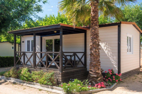 Stacaravan bij 'Camping Solmar - XALET CONFORT' in Spanje, met veranda, palmboom en kleurrijke bloemen ervoor.