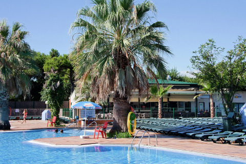 Piscina e palme al Camping Solmar - XALET CONFORT, casa mobile in Spagna in una giornata soleggiata