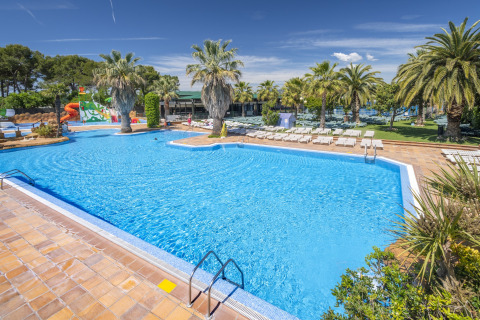Piscine entourée de palmiers et de transats au Camping Solmar - XALET en Espagne, parfaite pour la détente estivale.