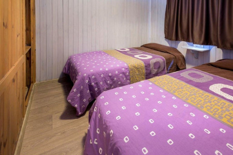 Chambre simple au Camping Solmar - XALET en Espagne, avec deux lits simples et une literie violette.