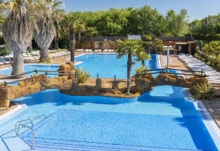 Ruim buitenzwembad met palmbomen en stenen brug bij Camping Solmar - COTTAGE B in Spanje.