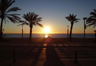 Zonsondergang boven zee vanaf Camping Solmar - COTTAGE B in Spanje, met palmbomen en boulevard.