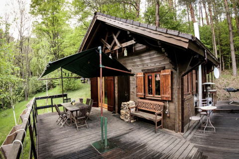 Het houten Remschweiler chalet met terras en zitgedeelte, omgeven door weelderig groen bos en natuur.