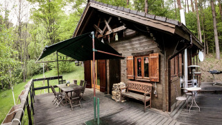 The wooden Remschweiler chalet with a deck, seating area, and patio, nestled in lush green forest scenery.