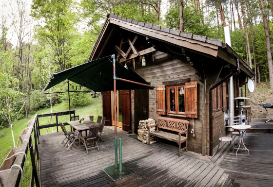 Het houten Remschweiler chalet met terras en zitgedeelte, omgeven door weelderig groen bos en natuur.