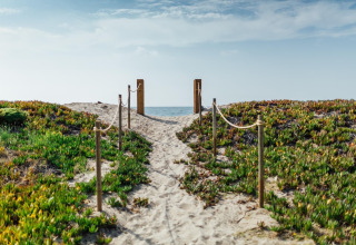 Zandpad met touwafscheiding leidt door groen naar het strand bij Miramar Mobile home CINQUE TERRE in Spanje.