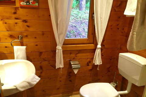 Badkamer met houten wanden, wastafel, toilet en raam met gordijnen in chalet Remschweiler, Frankrijk.