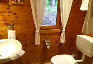 Badkamer met houten wanden, wastafel, toilet en raam met gordijnen in chalet Remschweiler, Frankrijk.