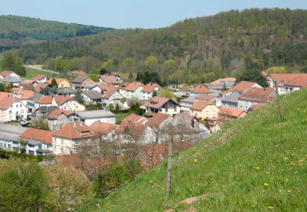 Udsigt fra chalet Remschweiler i Frankrig, viser landsbyens røde tage og grønne bakker om foråret.