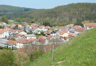 Uitzicht vanuit chalet Remschweiler in Frankrijk, met rode daken, huizen en groene heuvels op de achtergrond.