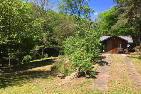 Houten chalet genaamd Remschweiler in Frankrijk, omringd door groene bomen onder een blauwe lucht.