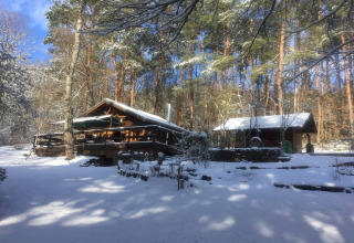 Chalet Remschweiler in Frankrijk is bedekt met sneeuw, omringd door bos onder een heldere blauwe lucht.