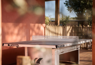 Bordtennisbord fra Cornilleau på en terrasse ved et glampingophold med træhegn og afslappet atmosfære.