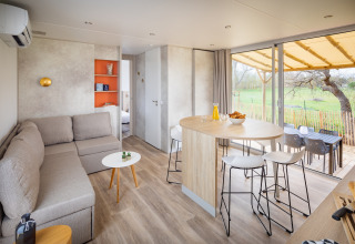 Moderne mobilhome Beach Resort Agde 4 i Frankrig med stue, spisebord og udsigt til terrasse og have.