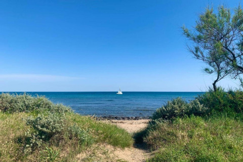 Udsigt til havet med en sejlbåd i det fjerne fra Beach Resort «Agde 4» mobilhome i Frankrig.